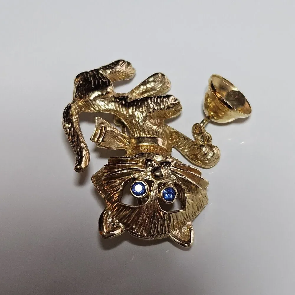 Vintage Avon Cat Kitty Brooch Pin Hanging Bell Blue Rhinestones Gold Tone 1970